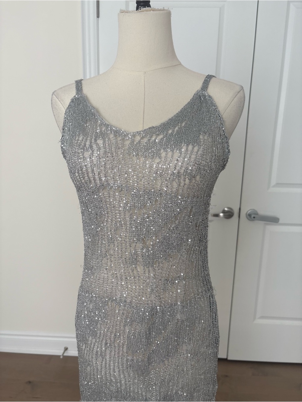 ZARA Silver Sequin Metallic Knit Midi Dress Size S - Picture 6 of 7